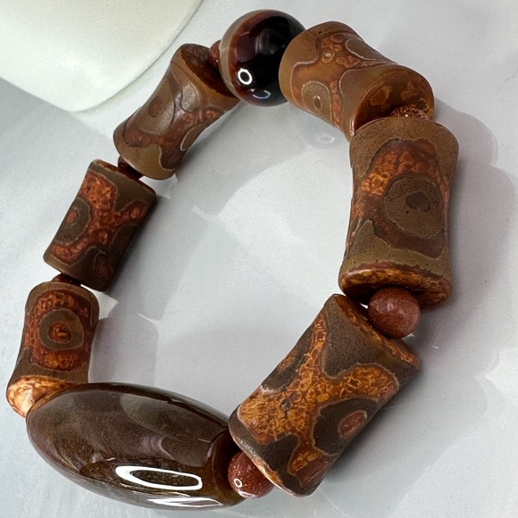 OCEAN JASPER + 3 EYE TIBETAN AGATE NATURAL STONES BRACELET size 7” - Picture 9 of 14